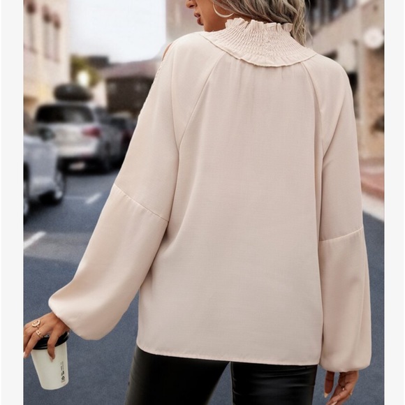 Elegant Smocked Mock Neck Cut Out Cold Shoulder Top Blouse Shirt - Picture 2 of 7